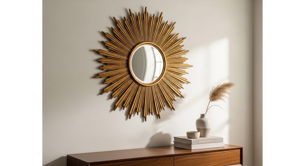 Gold sunburst wall mirror above a console table in a warm minimal living room.