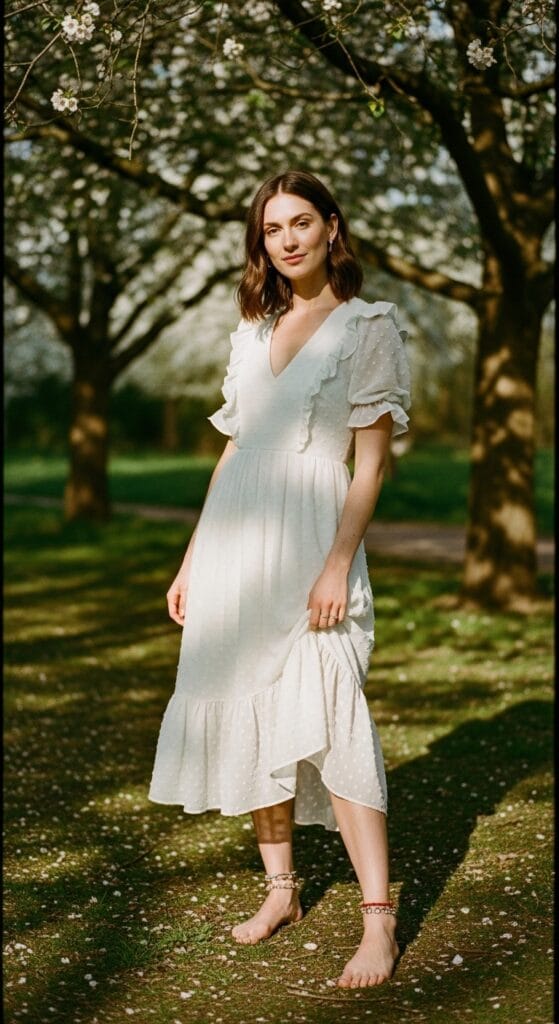 White Boho Dress Outfits That Feel Fresh and Effortlessly Angelic 11 Woman in white swiss dot ruffle midi dress with stacked anklets, sunlit park