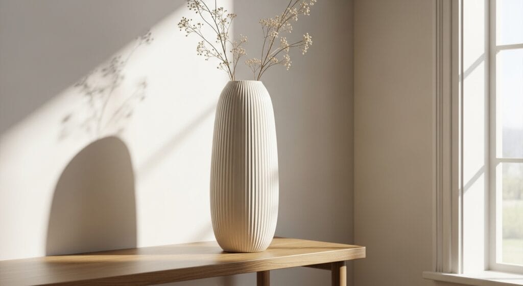 Tall cream decorative vase on a living room console with dried branch stems.
