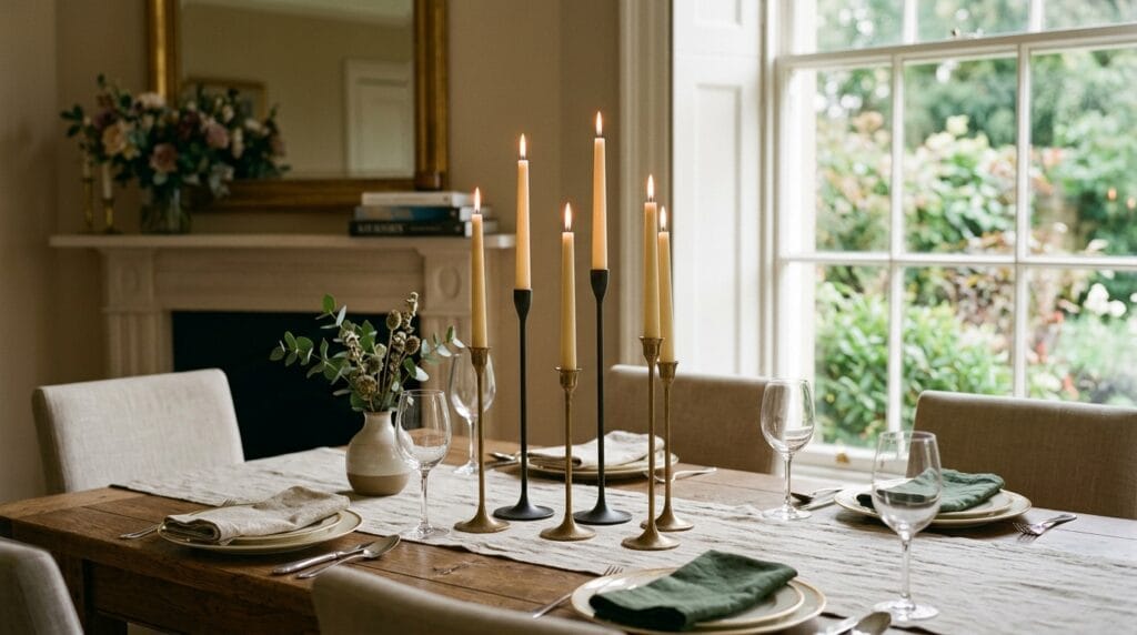 Tall slim candle holders grouped together on a wooden dining room table.