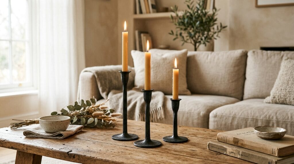 Cheap living room makeover: affordable decor finds under $30 9 Three dark metal taper candle holders at varying heights on a wooden coffee table.