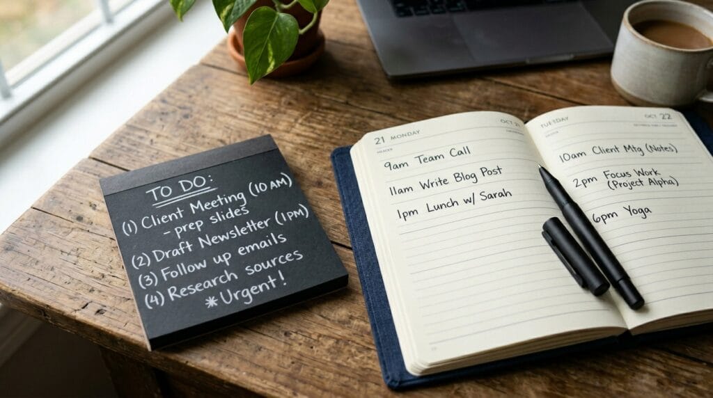 Best Back to School Gifts for Teachers That They Actually Need and Want 6 A blackboard-style sticky note set resting beside an open planner and pen.