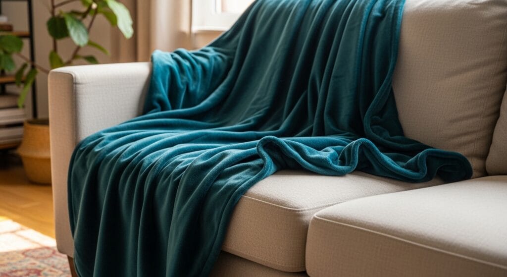Teal velvet throw blanket draped over a neutral linen sofa in a cozy room,