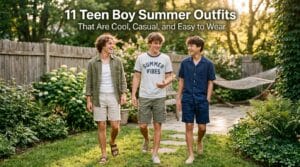 Group of teen boys wearing casual summer outfits with relaxed fits and breathable fabrics.