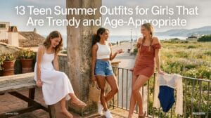 Teen girls in floral midi, denim shorts, and crochet cover-up in bright summer editorial setting