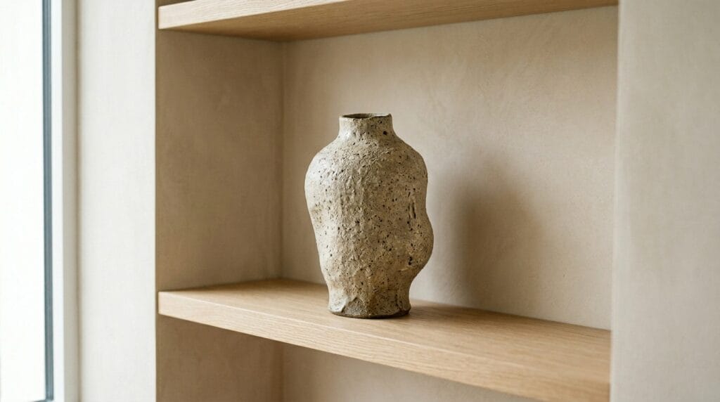 Sculptural textured ceramic vase displayed alone on a plain wooden open shelf.