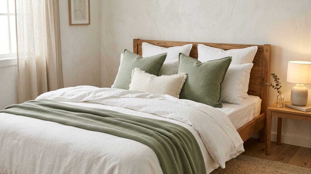 Sage green bedroom decor ideas: calm, fresh and timeless 4 Sage green throw pillow covers layered on white linen bedding on a styled bed