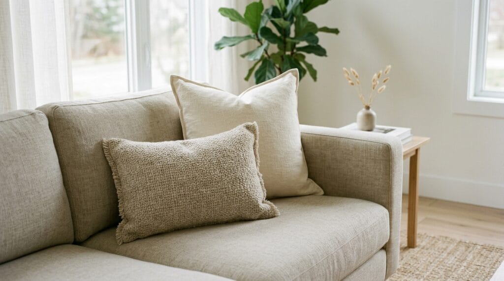 Cheap living room makeover: affordable decor finds under $30 2 Neutral textured throw pillows arranged on a linen sofa in soft natural light.