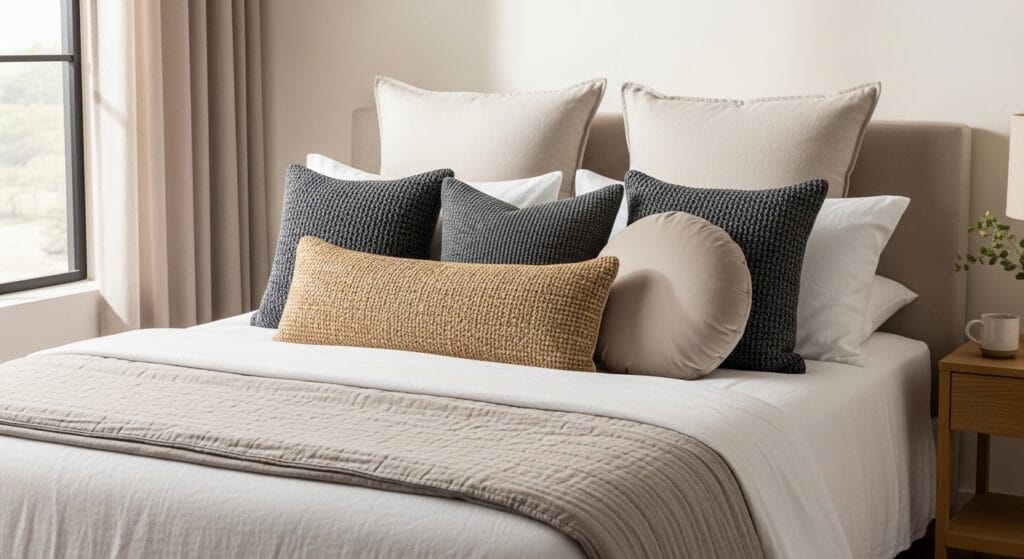 Assorted neutral-toned decorative throw pillows layered on a neatly styled bedroom bed