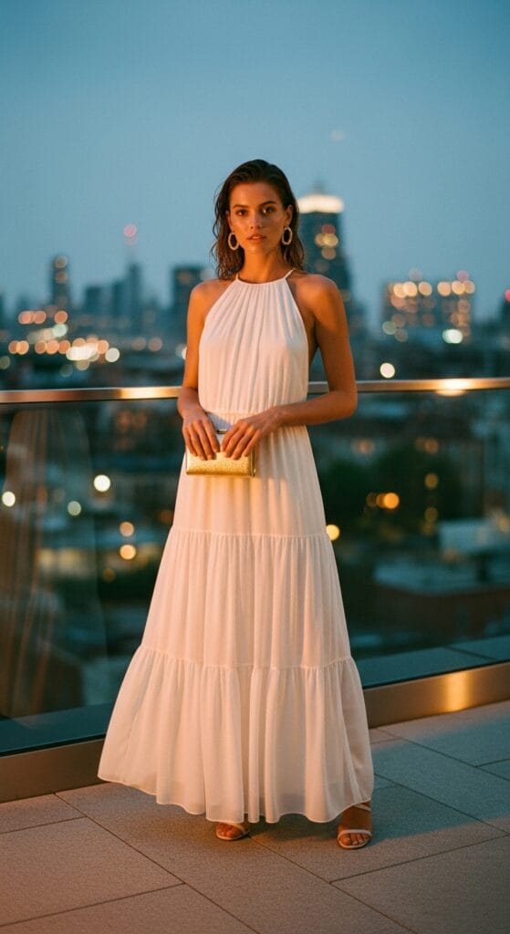 White Boho Dress Outfits That Feel Fresh and Effortlessly Angelic 7 Woman wearing white tiered chiffon halter maxi dress with gold hoops at dusk