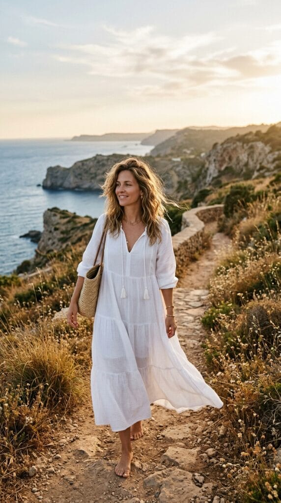 White tiered cotton gauze maxi dress with tassel ties on coastal path