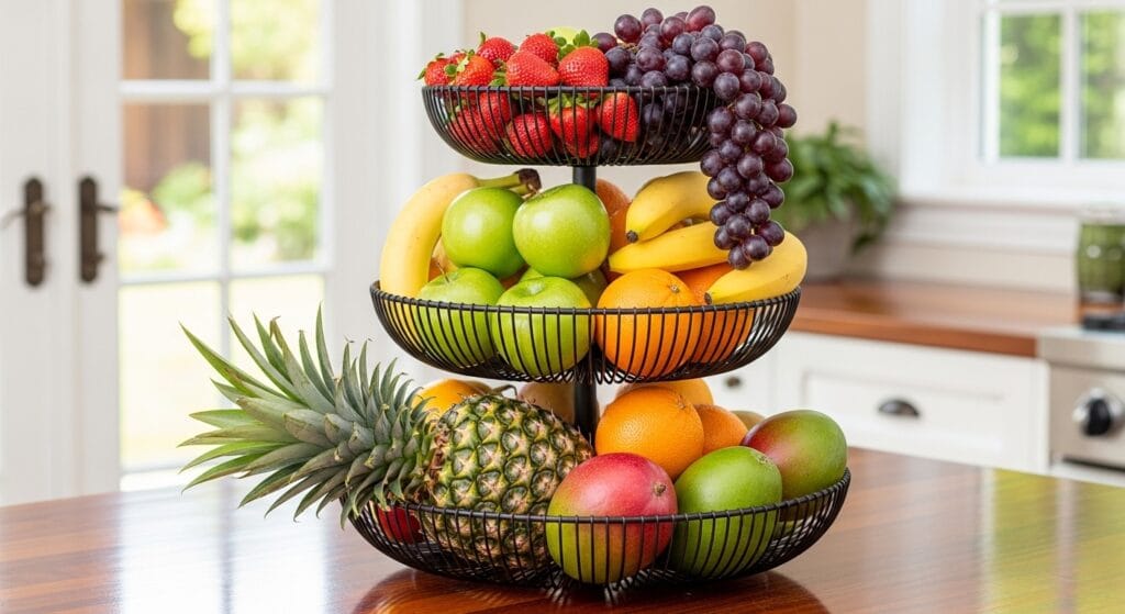 Small Kitchen Layout Ideas: The Best Configurations for Tiny Spaces 7 Three-tier wire fruit basket holding citrus and apples on a marble kitchen countertop surface.