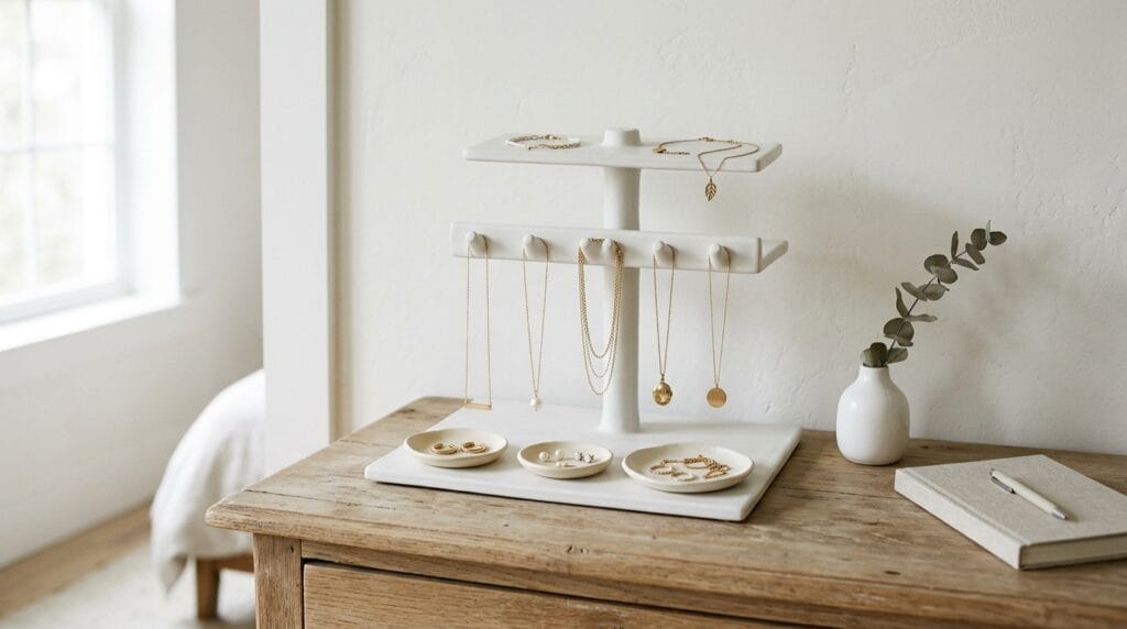 White tiered jewelry stand on a bedroom dresser holding necklaces and small earring trays