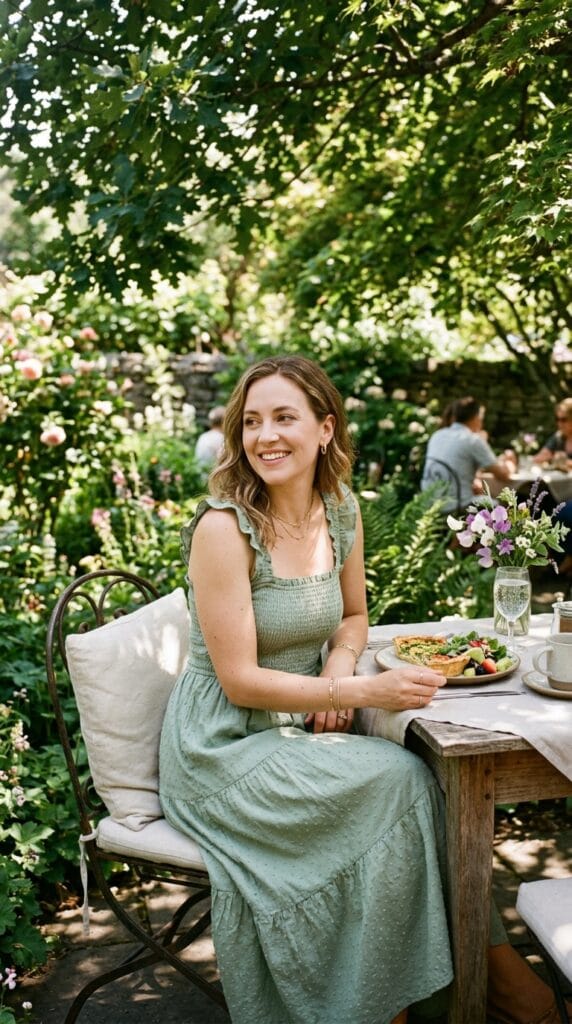 18 Summer Vacation Dresses That Pack Light & Look Amazing 11 Woman wearing tiered dobby cotton smocked back midi dress at garden brunch in morning light