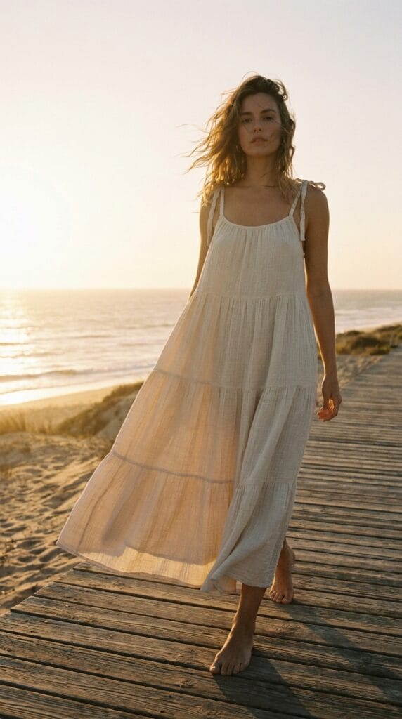 10 Summer Vacation Dresses Packing Guide For Her 4 Woman in tiered gauze cotton maxi dress walking beach boardwalk at sunset.