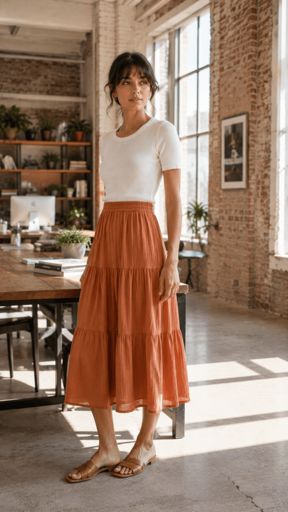 Tiered gauze midi skirt with fitted white knit top for summer office styling