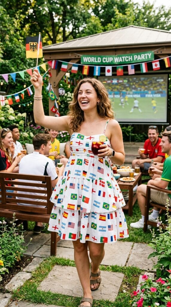 Woman in tiered white poplin sundress with flag print at an outdoor garden watch party.