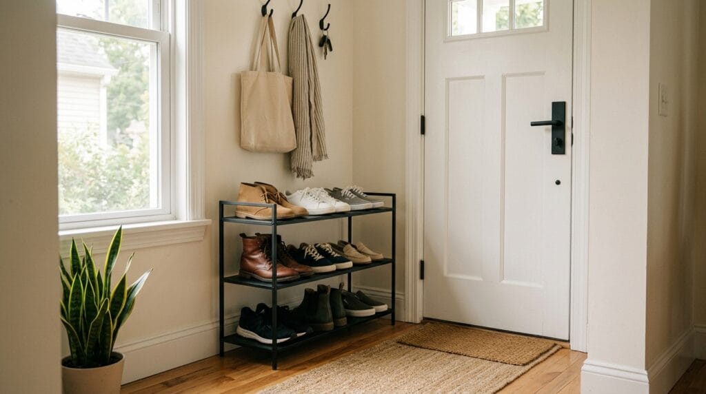 15 Shoe Storage Ideas for Small Spaces (Every Room) 9 Metal tiered shoe rack with multiple levels holding organized pairs of shoes in entryway