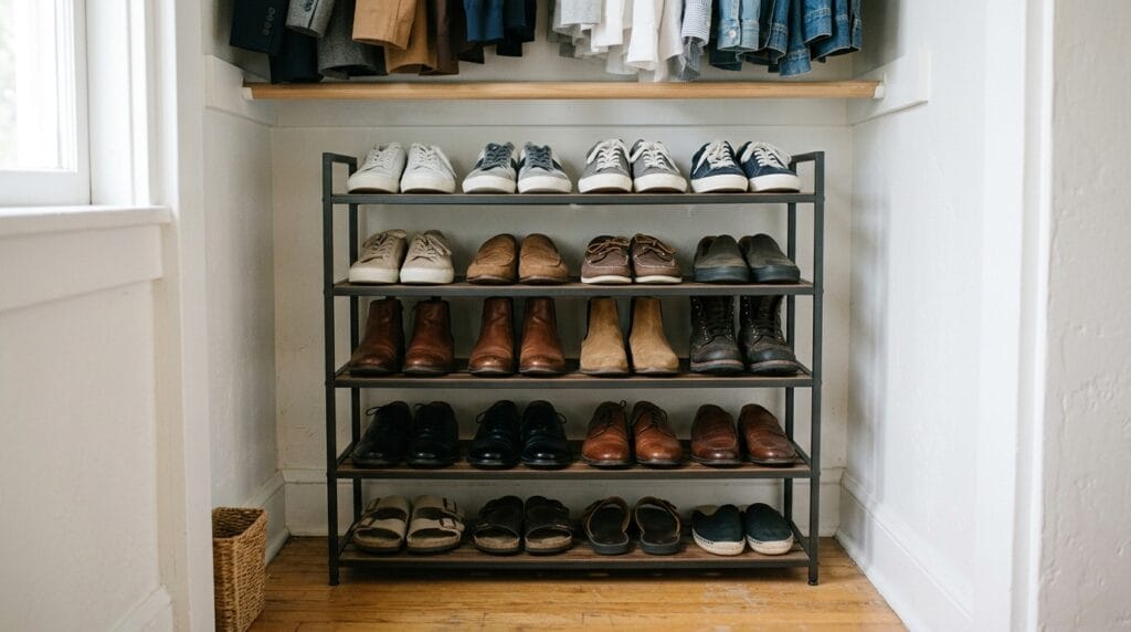 How to Organize a Small Closet With Lots of Clothes 9 Tiered shoe rack on closet floor holding multiple neatly organized pairs of shoes