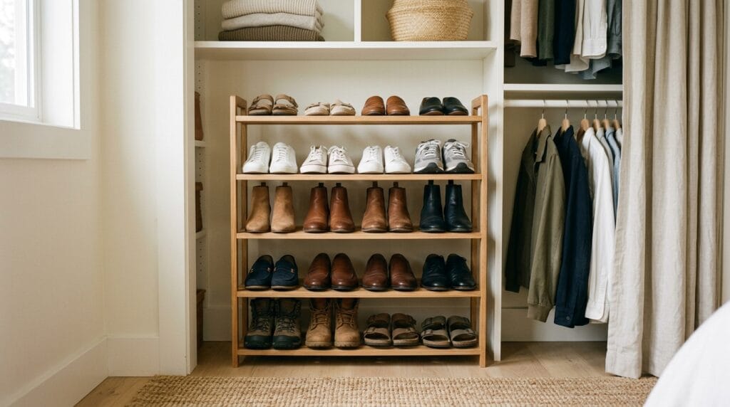 Bedroom Organization Ideas: From Dresser to Closet 12 Tiered shoe rack inside closet holding neatly arranged pairs of shoes at multiple levels.