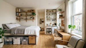 Organized studio apartment interior featuring multiple practical space-saving storage solutions.