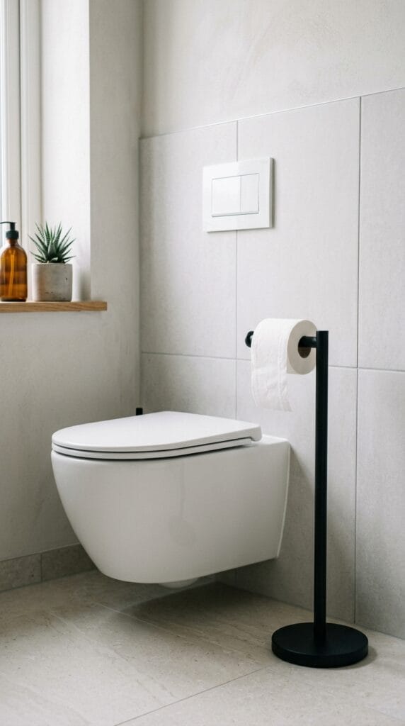 Matte black freestanding toilet paper holder beside a white toilet in a minimal bathroom