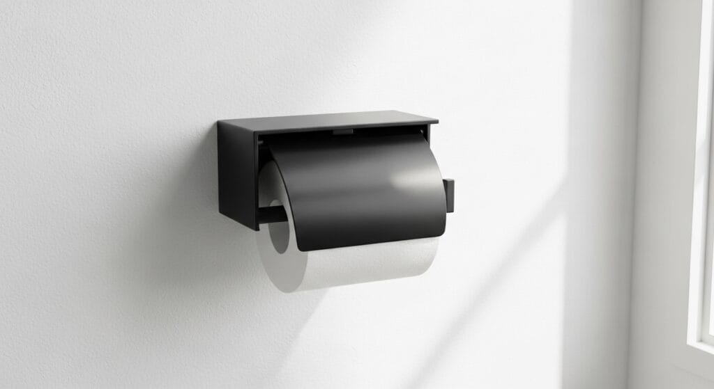 Matte black toilet paper holder mounted on a white bathroom wall tile. 