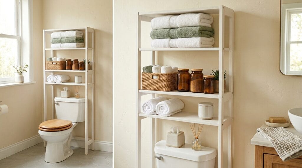 Budget Friendly Bathroom Organization: Full Reset Under $40 12 Over toilet storage rack displaying neatly arranged bathroom necessities and towels