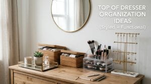 Styled bedroom dresser top featuring trays, baskets, and organizers in natural light
