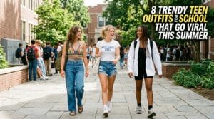 Group of teen girls in trendy summer school outfits walking through courtyard together
