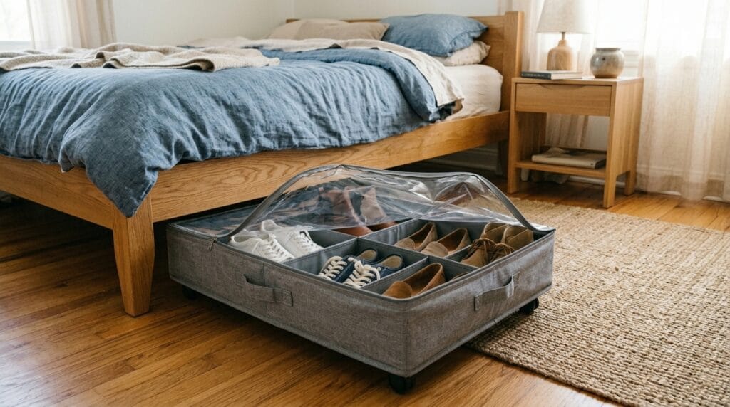 15 Shoe Storage Ideas for Small Spaces (Every Room) 5 Flat rolling under-bed shoe storage container with zip closure pulled out from beneath the bed