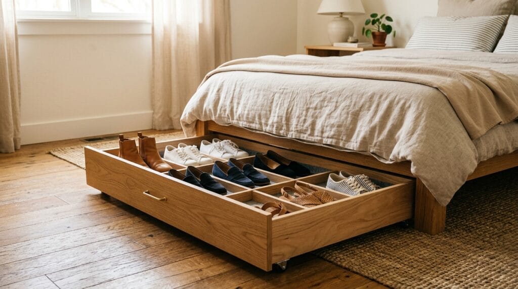 Shoe Storage and Entryway Organization: The Complete Guide 7 Low rolling under-bed storage drawer pulled out showing neatly organized pairs of shoes.