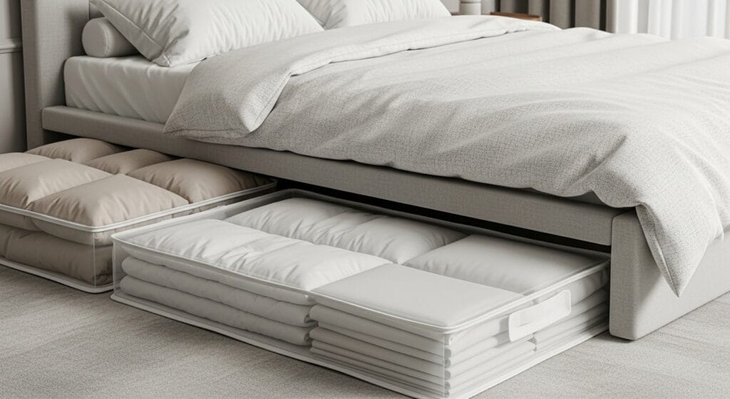 Bedroom Organization Ideas: From Dresser to Closet 4 Flat under-bed storage containers pulled out holding neatly folded seasonal linens and clothing.