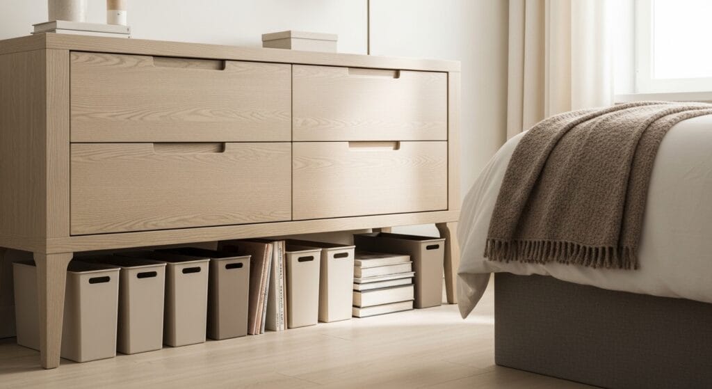 Slim storage bins placed beneath a dresser for additional hidden storage space.