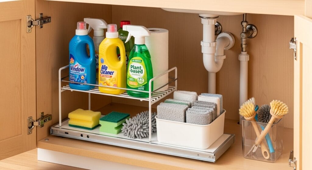 Kitchen and Pantry Organization: The Full Room Guide 8 Open under-sink cabinet with a two-tier organizer holding cleaning supplies and sponges neatly arranged.