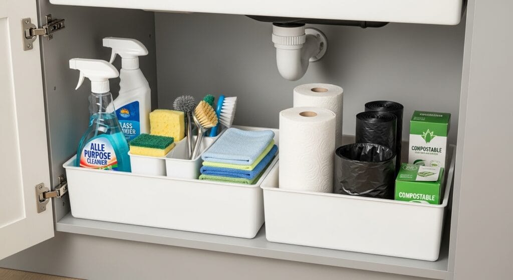 Small Kitchen Layout Ideas: The Best Configurations for Tiny Spaces 8 White pull-out drawer organiser inside an under-sink kitchen cabinet holding cleaning and household supplies.