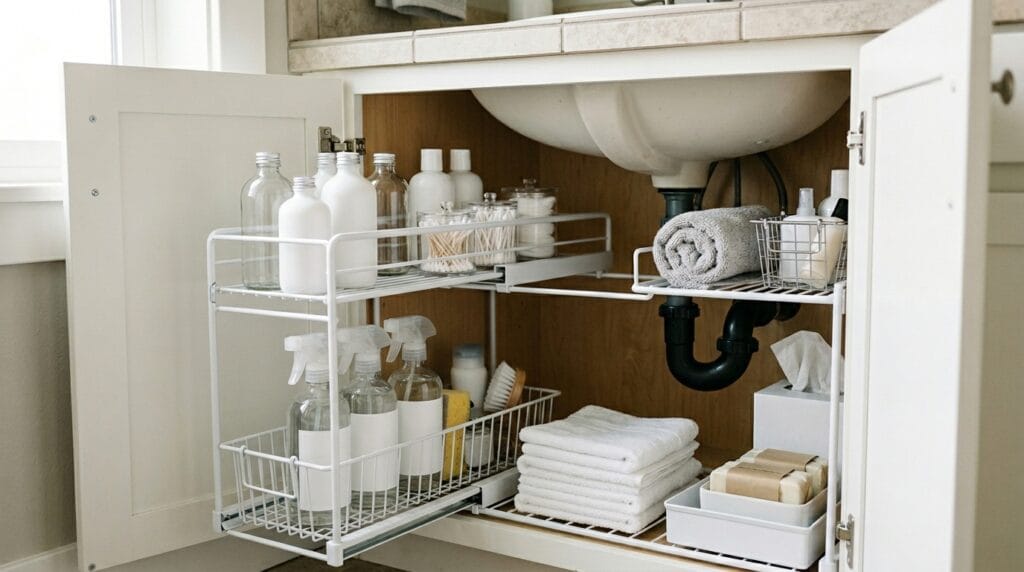 Budget Friendly Bathroom Organization: Full Reset Under $40 4 Tiered shelves maximizing storage space beneath bathroom sink cabinet area