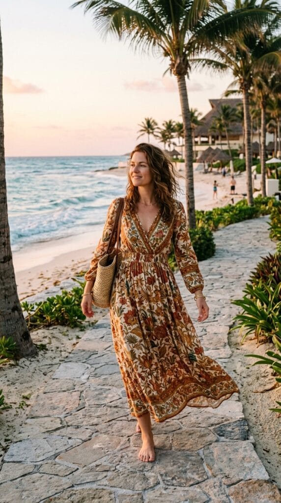18 Summer Vacation Dresses That Pack Light & Look Amazing 13 Woman in printed viscose V-neck elastic waist maxi dress walking beachside hotel path at morning