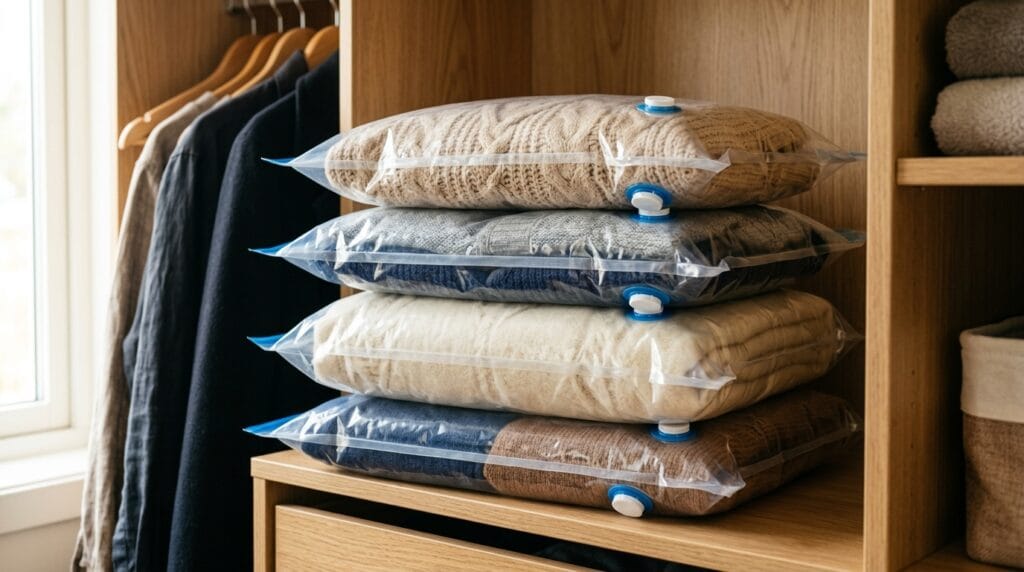 How to Organize a Small Closet With Lots of Clothes 8 Flat sealed vacuum storage bags with compressed clothing neatly stacked on a shelf