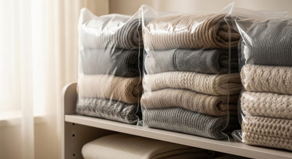 Bedroom Organization Ideas: From Dresser to Closet 11 Vacuum-sealed storage bags containing compressed winter sweaters and blankets stacked on a shelf.