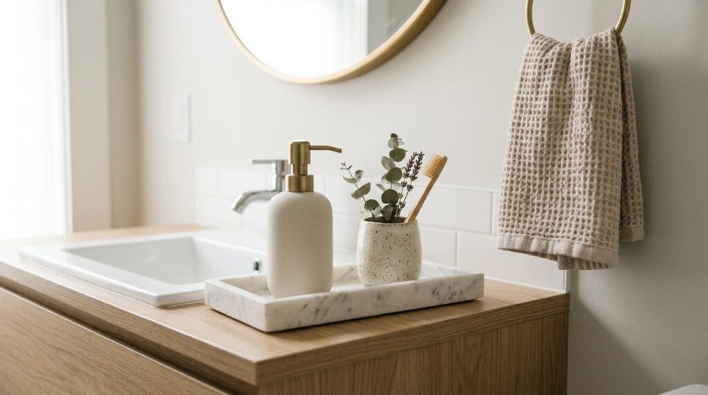 Modern Small Bathroom Ideas: Sleek, Functional and Gorgeous 2 White marble vanity tray with soap dispenser on a modern bathroom countertop