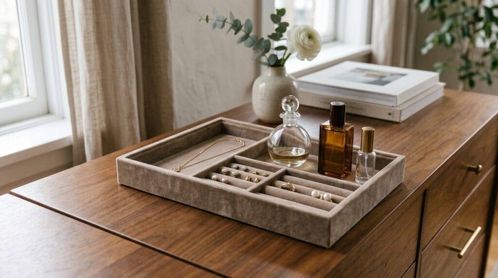 17 Chic Perfume Tray Ideas for a Luxurious Vanity Setup 12 Velvet-lined display tray holding perfume bottles and small jewelry on a bedroom dresser surface.