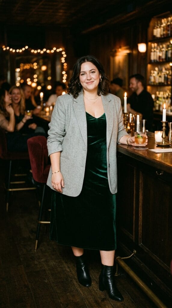 Casual Night Out Outfits for Plus Size Women That Actually Work 7 Plus size woman in velvet slip dress and oversized blazer at a cocktail bar