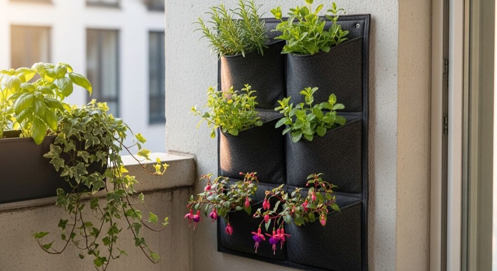 Small balcony decor ideas: make a tiny outdoor space beautiful 11 Vertical wall pocket planter mounted on a balcony wall with herbs and trailing plants.