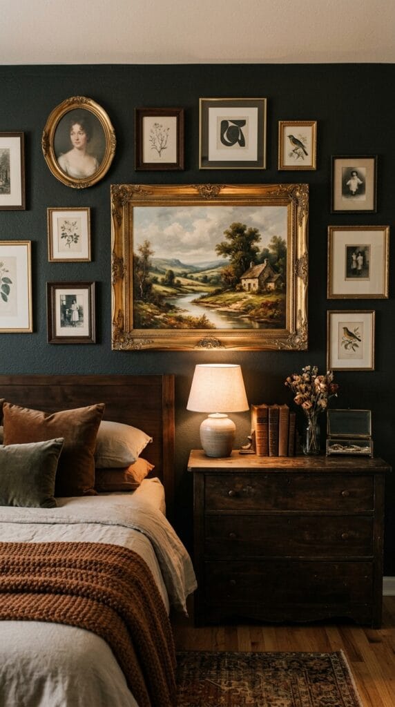 Vintage oil painting print in gold frame displayed on a dark-toned styled bedroom wall