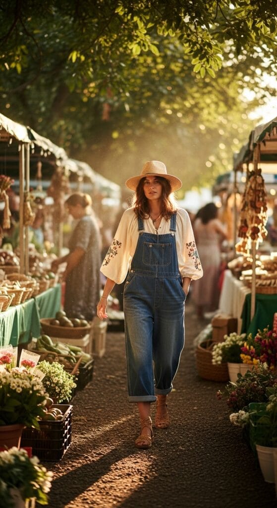 9 Denim Overalls Outfit Ideas Women Are Actually Wearing 4 Vintage wash wide-leg overalls with a peasant blouse and straw hat, boho summer outfit.