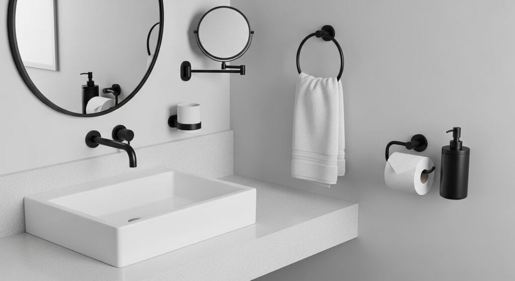 Matte black wall-mounted bathroom accessories set beside a white bathroom sink.