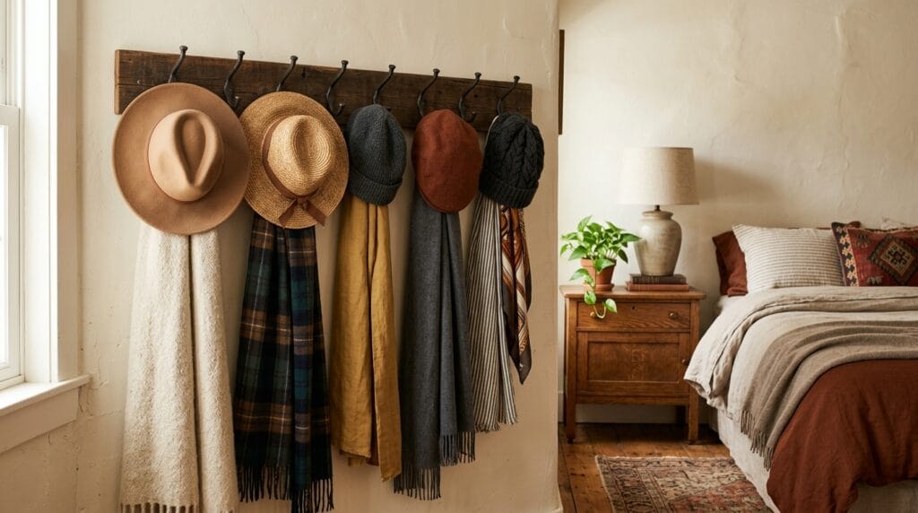 Rustic Bedroom Decor Ideas: Warm, Textured and Inviting 10 Wood and metal wall-mounted display rack with hanging accessories in a warm rustic bedroom.