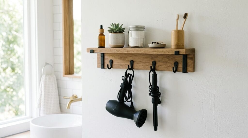 Best Hair Tool Storage Ideas for Your Bathroom (Wall + Drawer) 6 Wall shelf with integrated hooks holding blow dryer and wand in an organized bathroom.