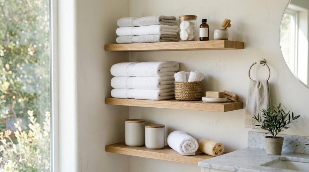 Budget Friendly Bathroom Organization: Full Reset Under $40 5 Bathroom wall shelves storing towels and essentials above open space